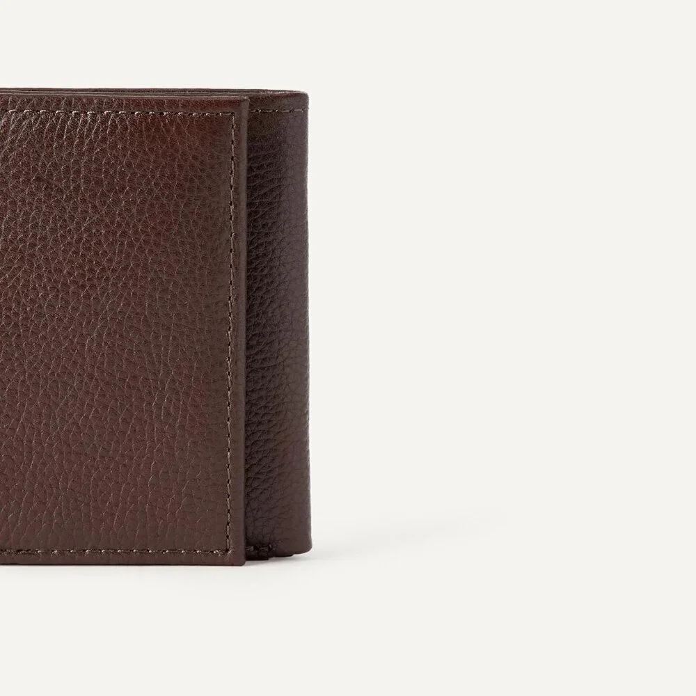 Men's Classic Grain Leather Lined Cotton Brown Wallet Card Style Slip Pocket